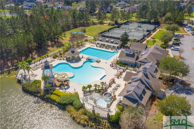 drone / aerial view featuring a water view