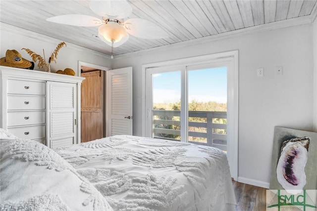 bedroom featuring a closet, access to outside, ceiling fan, hardwood / wood-style floors, and ornamental molding