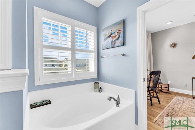 bathroom with wood-type flooring and a bathtub