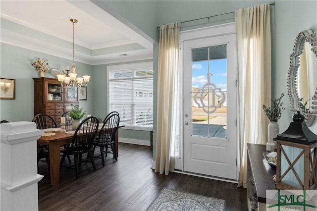 foyer entrance with a tray ceiling, plenty of natural light, a chandelier, and dark hardwood / wood-style flooring