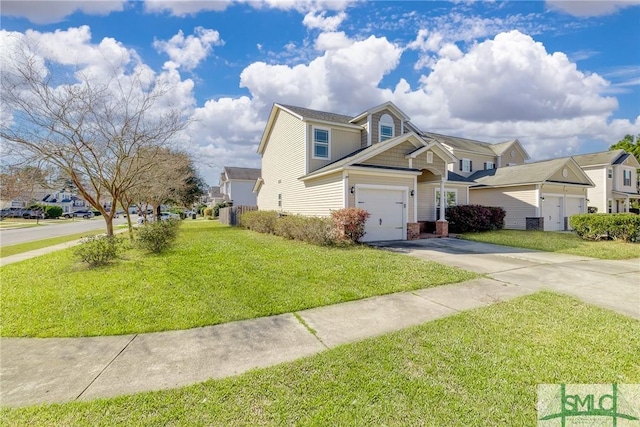 view of front of house featuring a front lawn and a garage