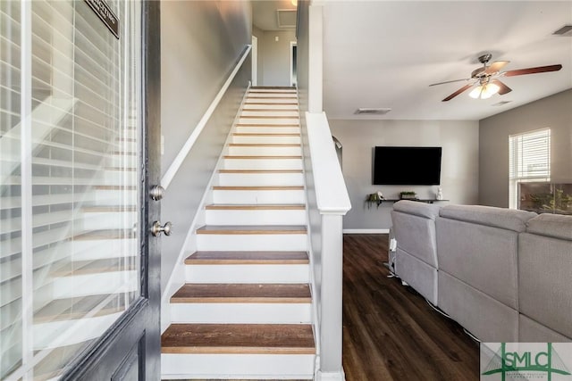 staircase with ceiling fan and hardwood / wood-style floors