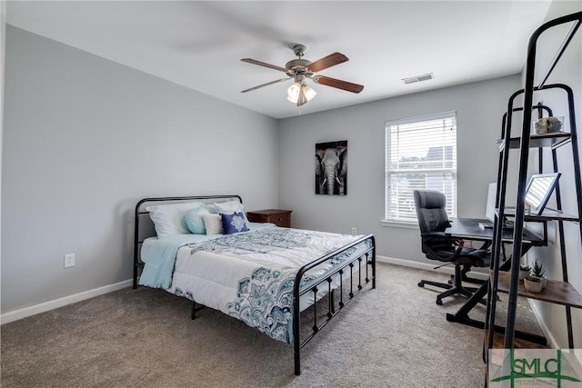 carpeted bedroom with ceiling fan