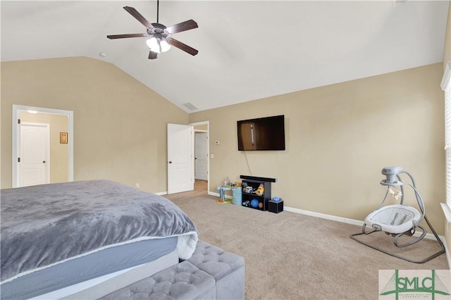 carpeted bedroom with lofted ceiling and ceiling fan