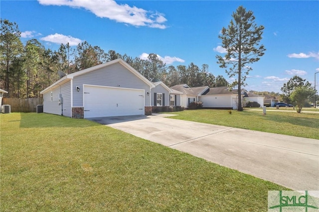 single story home featuring a front lawn, central AC unit, and a garage