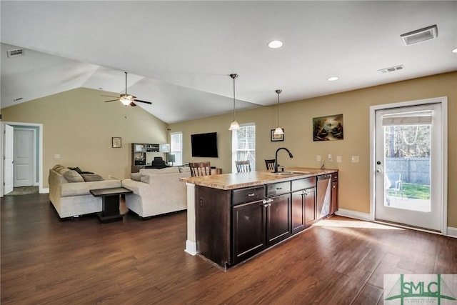 kitchen featuring a healthy amount of sunlight, stainless steel dishwasher, dark hardwood / wood-style flooring, and decorative light fixtures