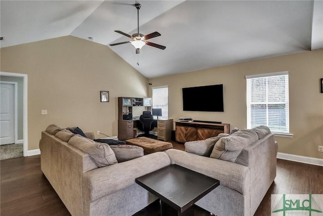 living room with ceiling fan, dark wood-type flooring, and lofted ceiling