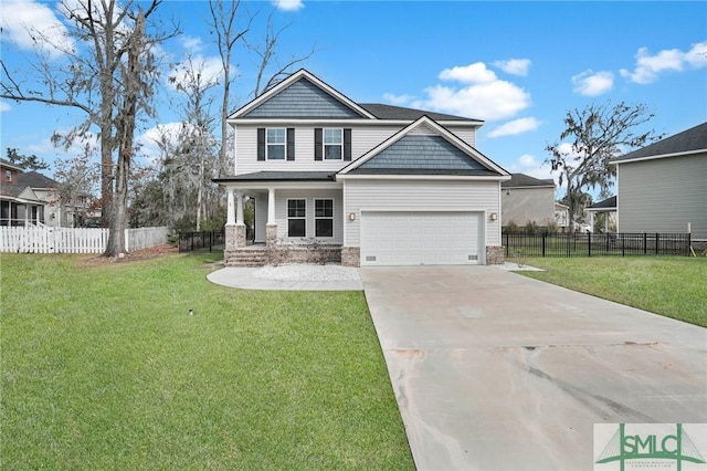 craftsman inspired home with covered porch, driveway, a front yard, and fence private yard