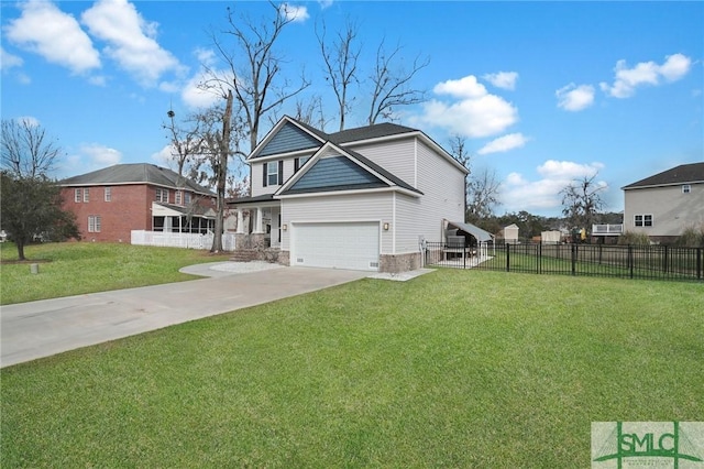 view of front of house with a front yard, driveway, an attached garage, and fence