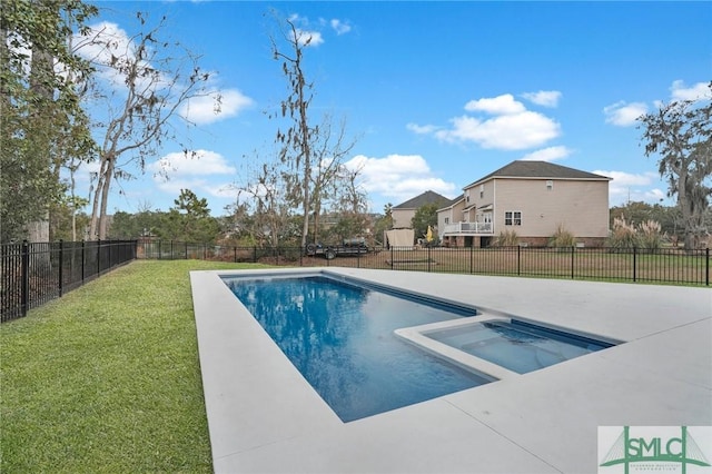 view of swimming pool featuring a yard, a patio area, a fenced backyard, and a fenced in pool