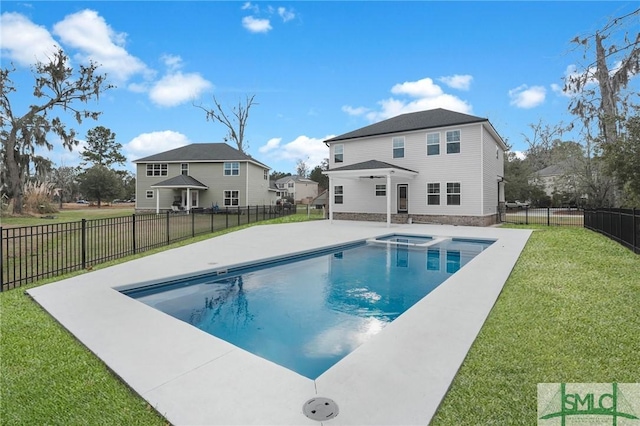 view of swimming pool featuring a fenced in pool, a patio area, a fenced backyard, and a yard