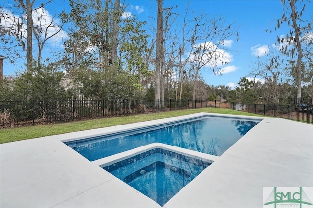 view of pool with a fenced in pool, a fenced backyard, a patio, and an in ground hot tub