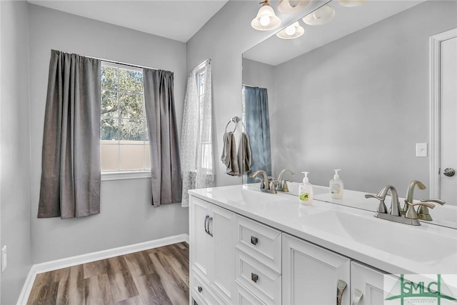 bathroom with hardwood / wood-style flooring and vanity