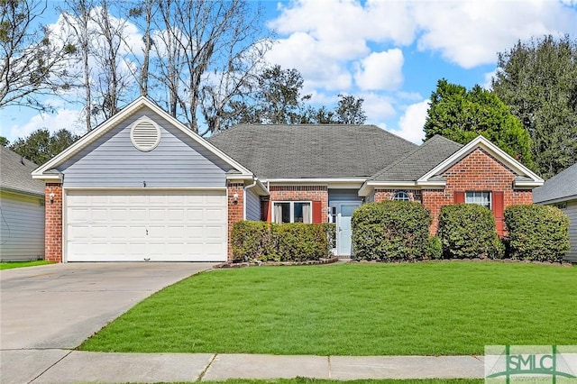 single story home with a garage and a front yard