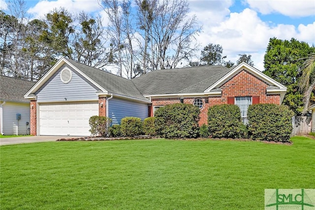 ranch-style house with a front yard and a garage