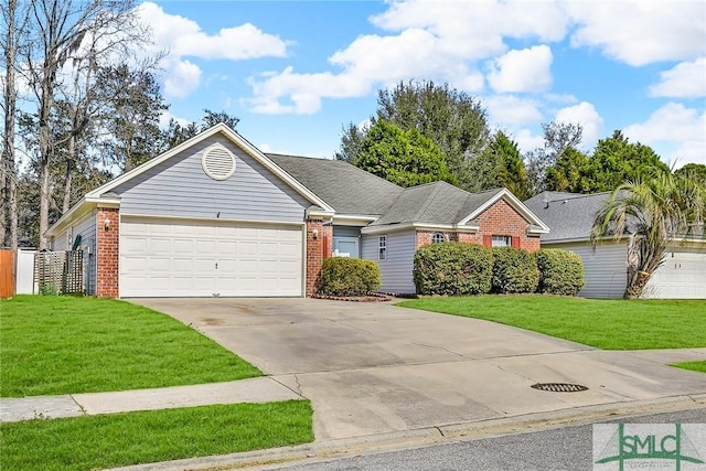 single story home featuring a front lawn and a garage