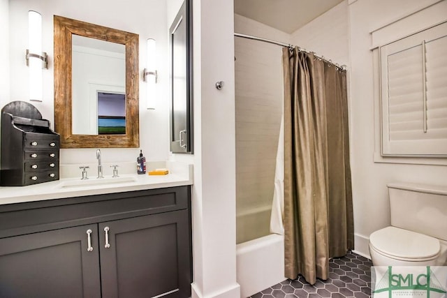 full bathroom with toilet, shower / bath combination with curtain, tile patterned flooring, and vanity