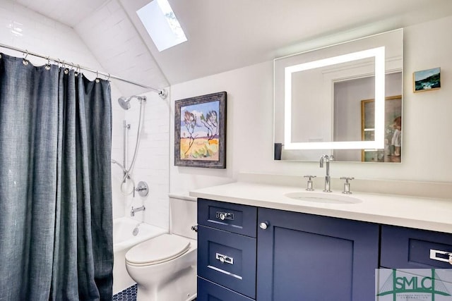 full bathroom featuring lofted ceiling with skylight, shower / bath combo, vanity, and toilet