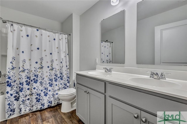 bathroom with hardwood / wood-style floors, toilet, and vanity