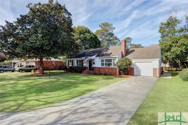 ranch-style home featuring a front lawn and a garage