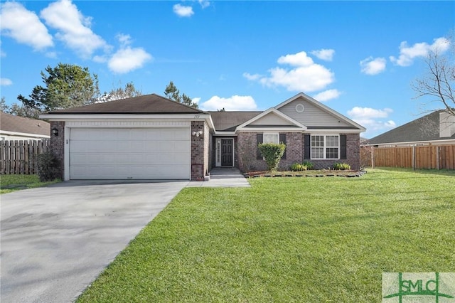 ranch-style home featuring a front lawn and a garage