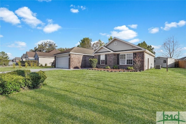 view of front of home featuring a garage, central air condition unit, and a front yard