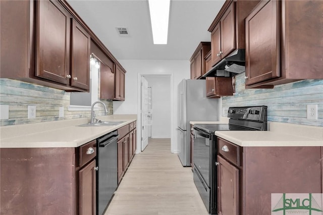 kitchen featuring black / electric stove, light hardwood / wood-style floors, stainless steel dishwasher, and tasteful backsplash