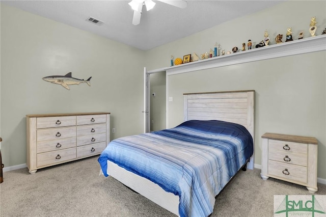 352 Harbour Ln, Richmond Hill, GA 31324 - bedroom with ceiling fan, visible vents, baseboards, and light colored carpet