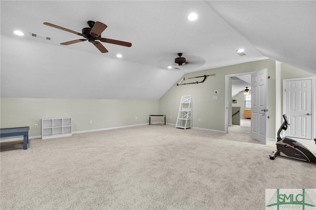 352 Harbour Ln, Richmond Hill, GA 31324 - additional living space with lofted ceiling, baseboards, visible vents, and light colored carpet