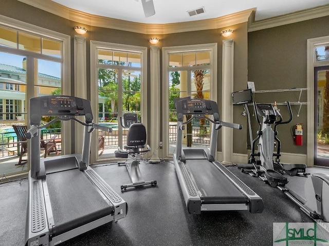 workout area with crown molding