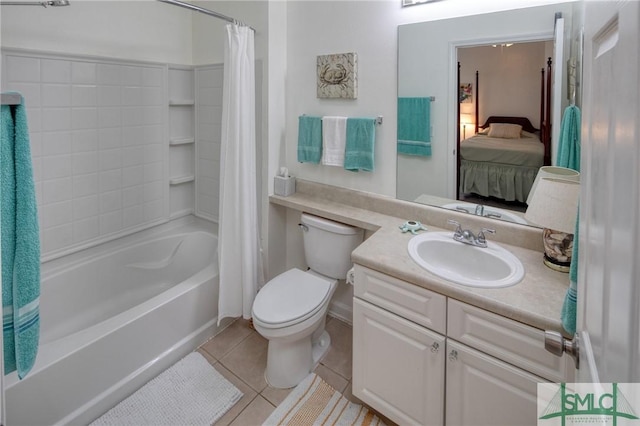 full bathroom with tile patterned flooring, vanity, toilet, and shower / bathtub combination with curtain