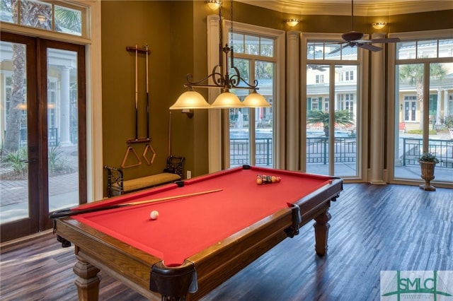 playroom with ceiling fan, pool table, and dark hardwood / wood-style floors