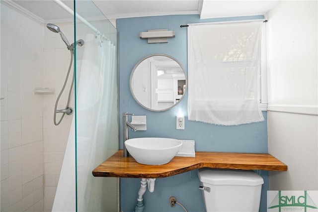 bathroom with toilet, a tile shower, a sink, and ornamental molding