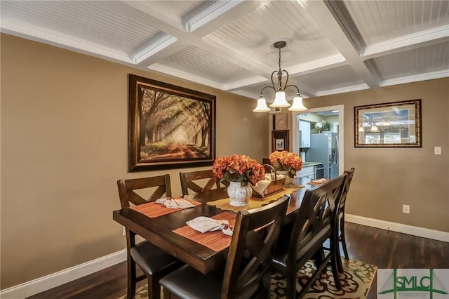 dining area with dark wood-style floors, coffered ceiling, and baseboards