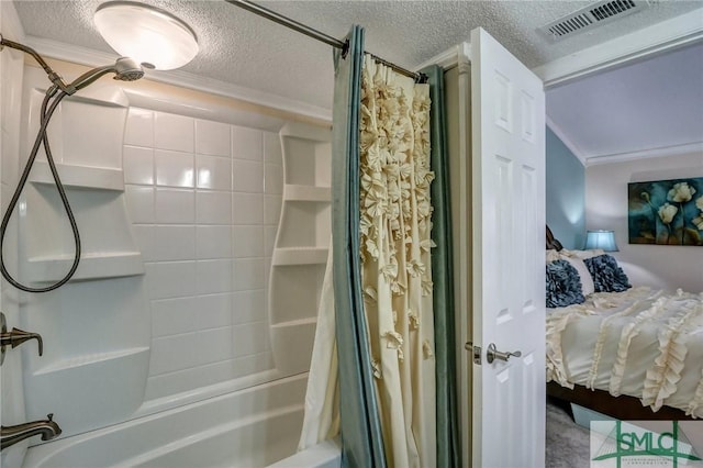 full bathroom with crown molding, shower / bath combo, visible vents, and a textured ceiling