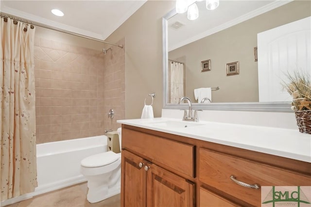 bathroom with visible vents, toilet, ornamental molding, shower / bathtub combination with curtain, and vanity