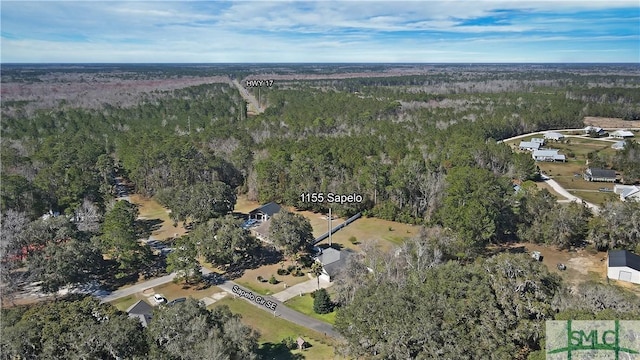 birds eye view of property featuring a wooded view