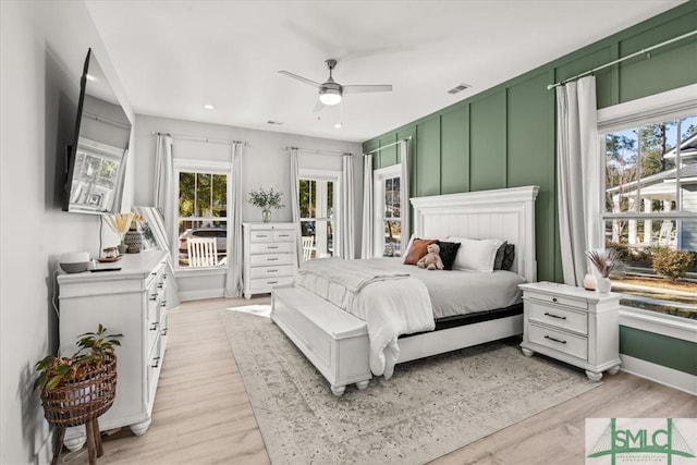 230 Blackjack Oak Dr W, Richmond Hill, GA 31324 - bedroom featuring light wood finished floors, access to outside, recessed lighting, and ceiling fan