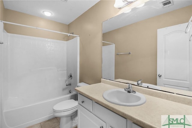 bathroom featuring visible vents, toilet, shower / tub combination, tile patterned floors, and vanity