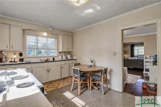 kitchen with a textured ceiling, ornamental molding, dark countertops, and a healthy amount of sunlight