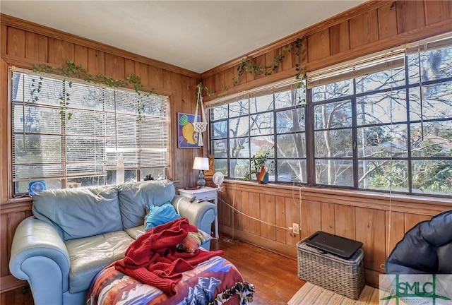 living area featuring wood walls and wood finished floors