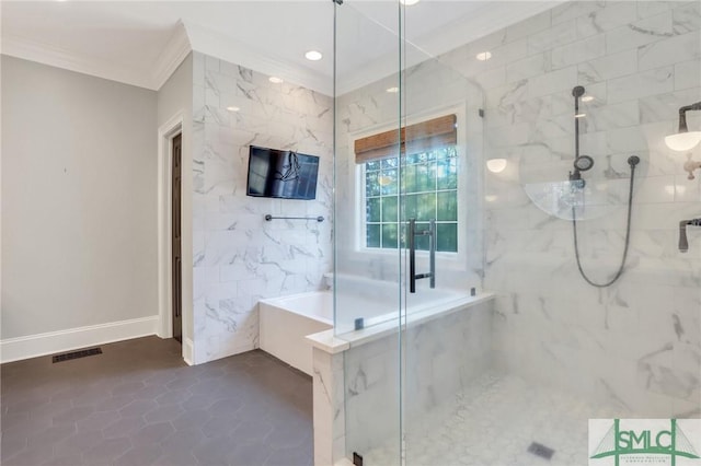106 Commodore Dr, Savannah, GA 31410 - bathroom with a marble finish shower, visible vents, a garden tub, ornamental molding, and tile walls