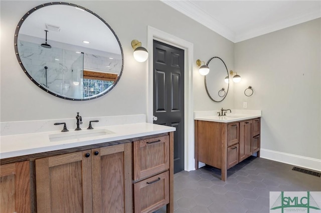 106 Commodore Dr, Savannah, GA 31410 - full bath featuring a sink, two vanities, ornamental molding, and a walk in shower
