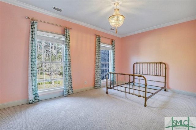 106 Commodore Dr, Savannah, GA 31410 - carpeted bedroom with crown molding, a notable chandelier, baseboards, and visible vents