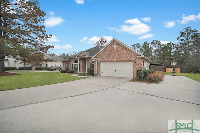 view of front of home with a garage, a front yard, concrete driveway, and brick siding