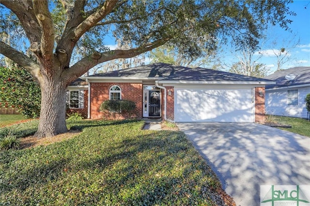 ranch-style house featuring a garage, driveway, a front yard, and brick siding