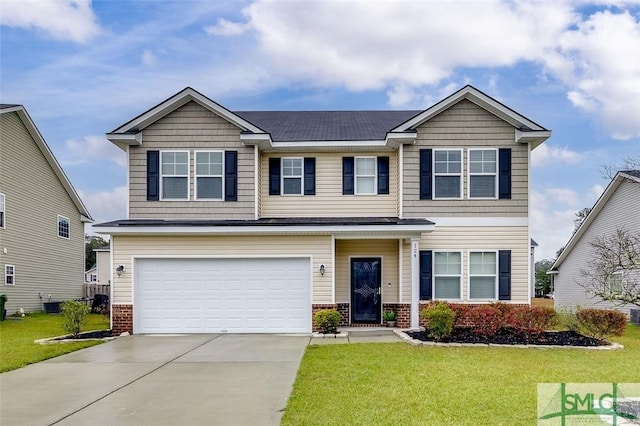 view of front of property with central AC unit, an attached garage, brick siding, concrete driveway, and a front yard