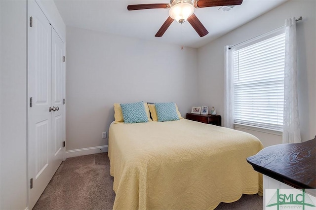 bedroom with ceiling fan, multiple windows, carpet, and baseboards