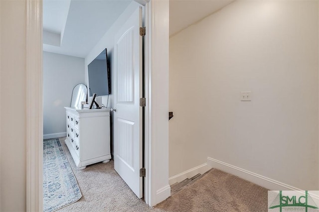 clothes washing area with light carpet and baseboards