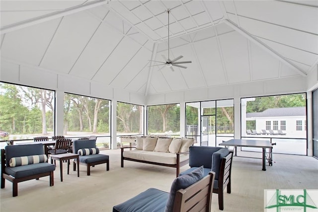 sunroom with vaulted ceiling and ceiling fan